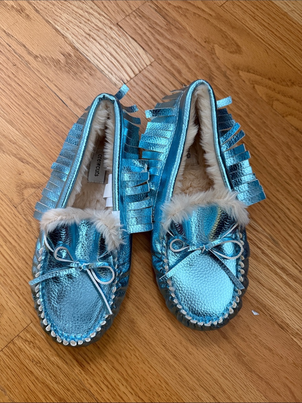Crewcuts Metallic Teal Blue Faux-Fur Moccasins with Fringe